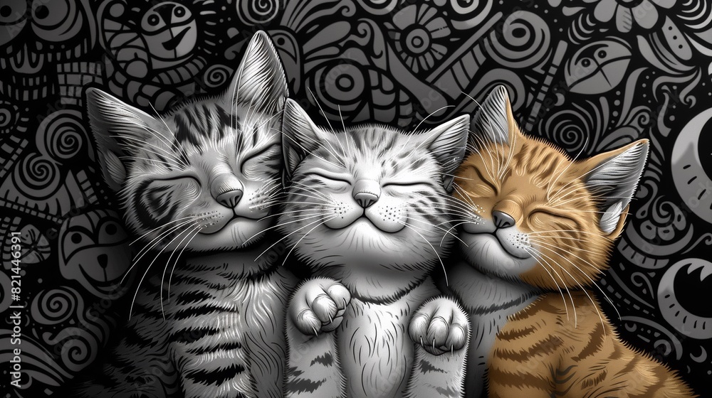 Three cats are sitting together on a black and white background, AI
