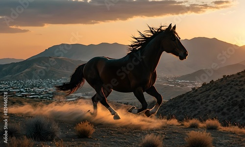 wallpaper representing a horse galloping in a meadow  under a sunset