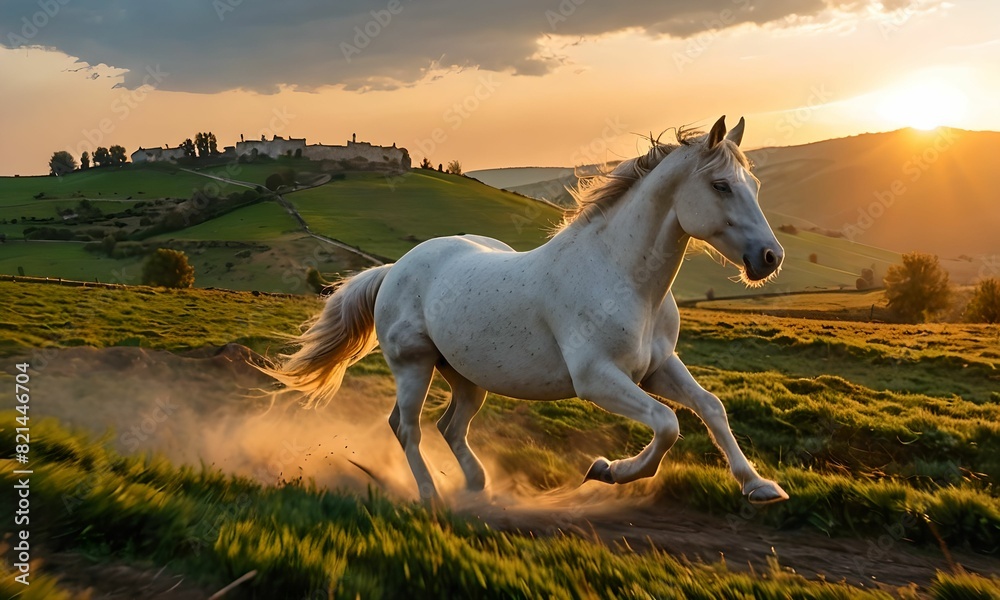 wallpaper representing a horse galloping in a meadow, under a sunset wallpaper representing a horse galloping in a meadow, under a sunset