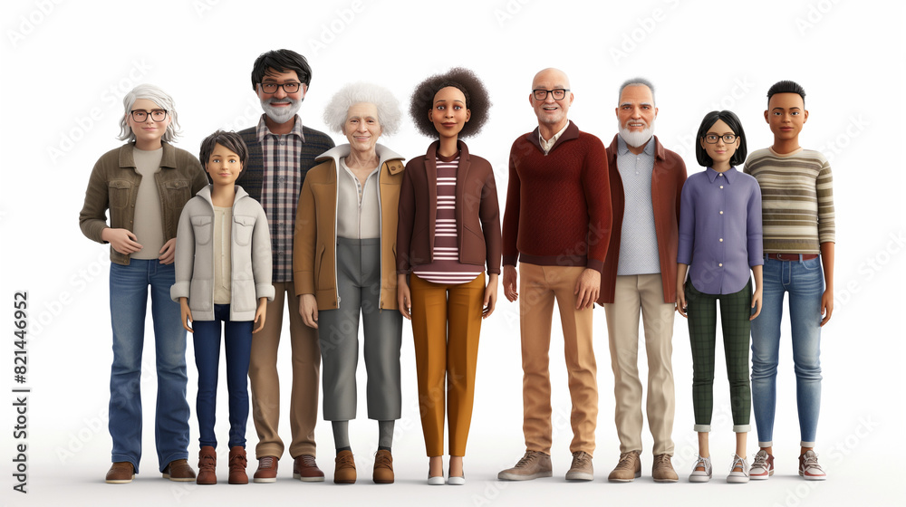 Fototapeta premium A diverse group of people between 10 and 50 years old standing together, smiling, in a hyper-realistic style. 