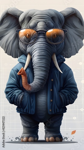 A cartoon elephant wearing sunglasses and a blue jacket. The elephant is standing in front of a white background