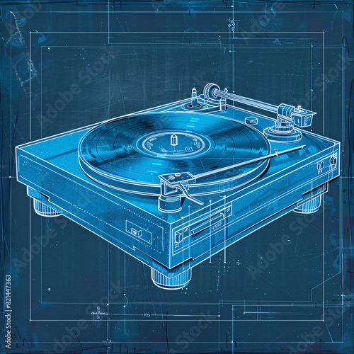 High-tech blueprint of a turntable, featuring illuminated components and detailed design	