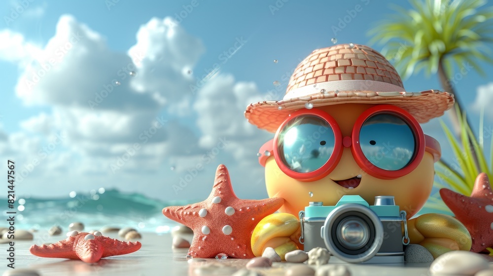 Fototapeta premium Design a whimsical 3D Blender scene with beach games, a beach trash bag, and a folding table on a clean white background with room for text.