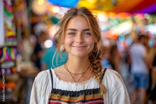 A young woman with a bright smile and braided hair, wearing a striped dress, standing in a bustling, colorful street market.  © Marina