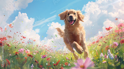 Golden Retriever Running in Flower Field on a Bright Sunny Day