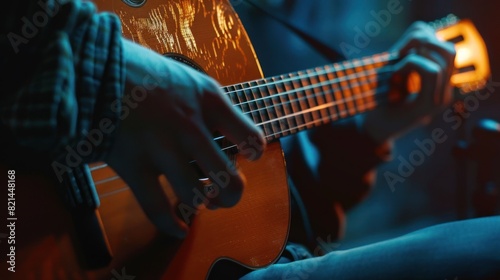 Closeup man playing acoustic guitar. AI generated image photo