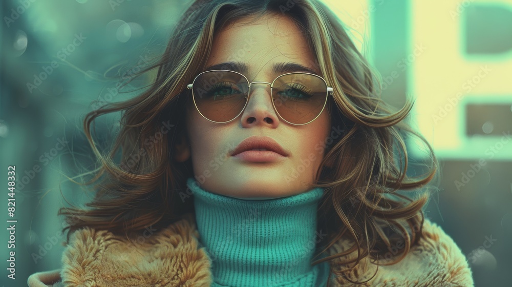 A woman wearing sunglasses and a fur coat with her hair blowing in the wind, AI A woman wearing sunglasses and a fur coat with her hair blowing in the wind, AI