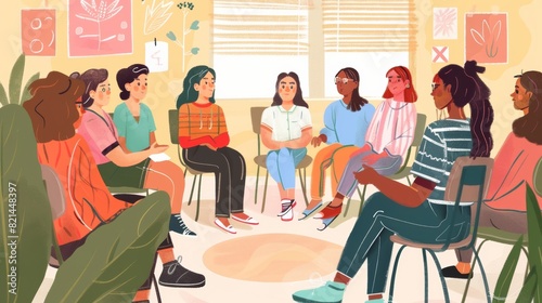 Diverse group of women in a circle, discussing and supporting each other
