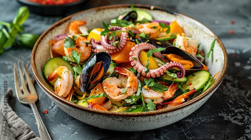 Salad with squid octopus shrimp mussels. Generative Ai Salad with squid octopus shrimp mussels. Generative Ai