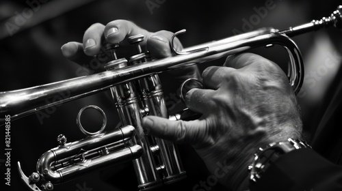Closeup hand fingers playing orchestra trumpet with monochrome color scene. AI generated image photo