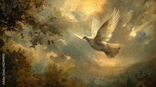 Dove flying in a cloudy sky for spiritual or religious designs photo