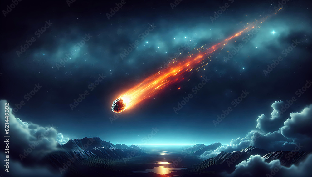Fototapeta premium Meteorite Falling to Earth Against the Night Sky, Leaving a Fiery Trail Behind it