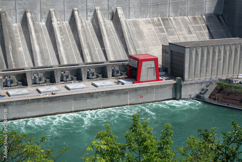 A huge hydro electric power plant on a river.