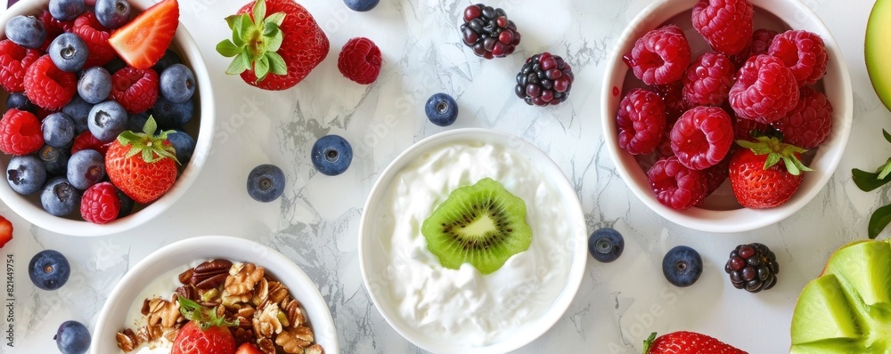 Three bowls of fruit and yogurt on a table. The bowls are filled with blueberries, raspberries, strawberries, and oranges Three bowls of fruit and yogurt on a table. The bowls are filled with blueberries, raspberries, strawberries, and oranges