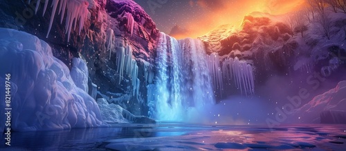 Frozen Waterfall Glows Beneath the Soft Light of the Aurora Borealis © Sittichok