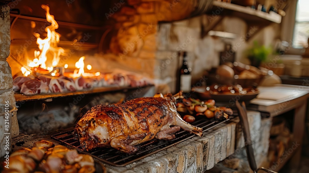 A rustic kitchen with a whole mechoui lamb roasting in an open hearth A rustic kitchen with a whole mechoui lamb roasting in an open hearth