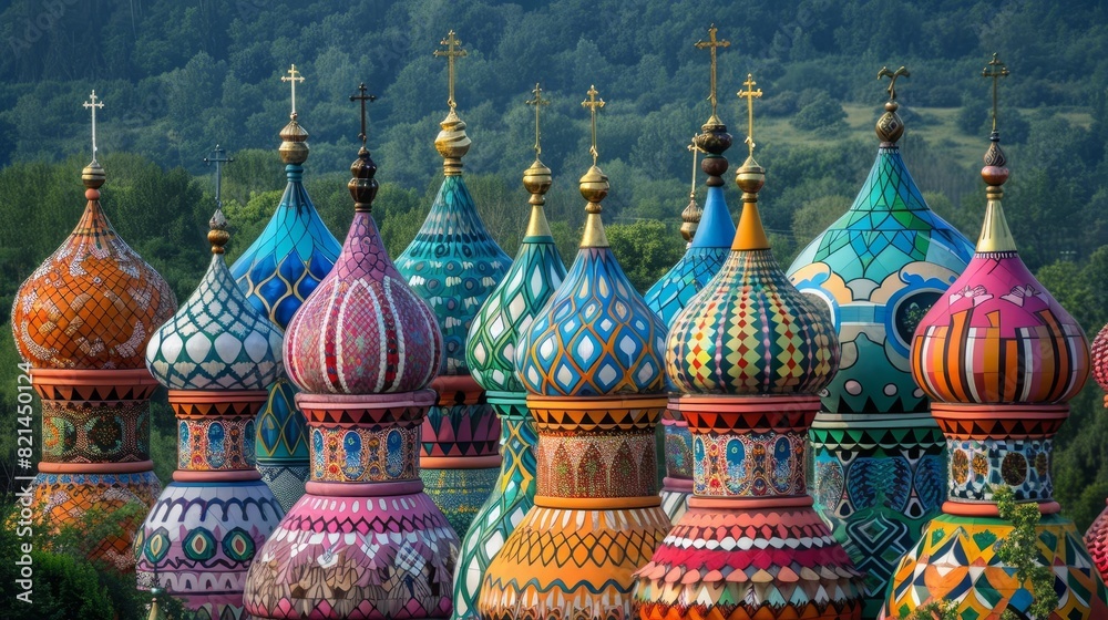 Obraz premium A row of onion domes on a church, each painted in vibrant patterns