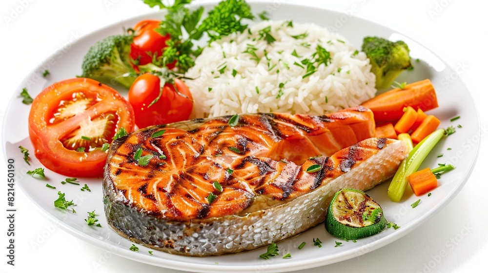 plate of grilled salmon steak, rice and vegetables isolated on white background. Generative Ai plate of grilled salmon steak, rice and vegetables isolated on white background. Generative Ai