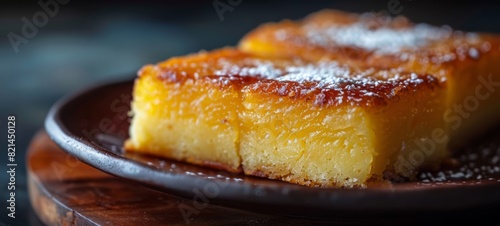 Cassava Cake Philippines from restaurant food photography. Cassava Cake Images texture banner postcard horizontal.