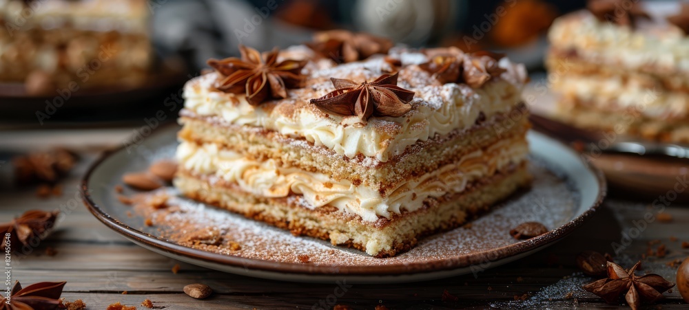 Cake Bienenstich in restaurant food photography minimalism side view. Cake Bienenstich Images texture banner postcard horizontal.