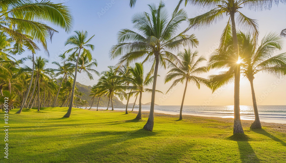 Sunny exotic beach by the ocean with palm trees at sunset summer vacation Sunny exotic beach by the ocean with palm trees at sunset summer vacation