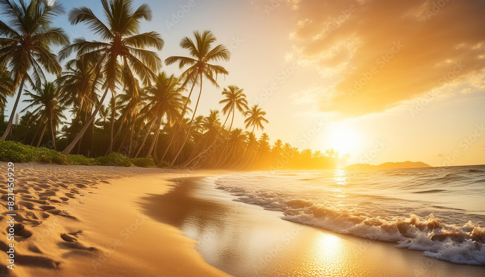 Sunny exotic beach by the ocean with palm trees at sunset summer vacation