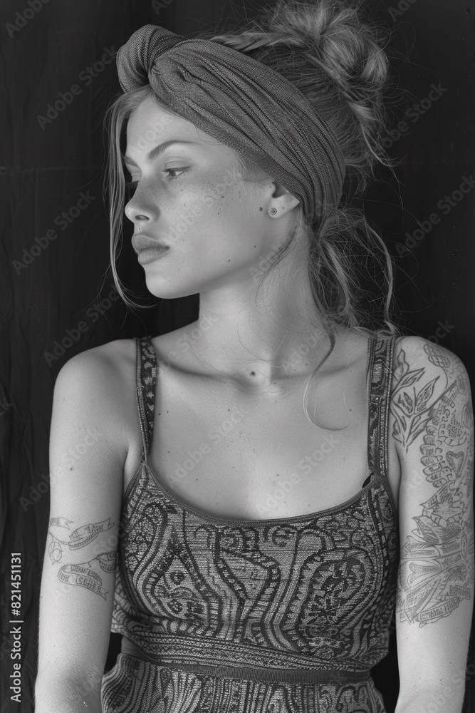 A woman with a headband and tattoos posing for the camera, AI A woman with a headband and tattoos posing for the camera, AI