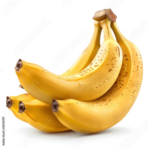 Three ripe bananas are displayed on a white background. The bananas are yellow and have brown spots, indicating that they are ripe and ready to eat photo