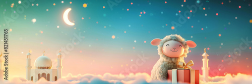 Eid Al Adha, Eid Mubarak Greetings Card with cute sheep 3d style, Islamic holiday.Ai generative photo