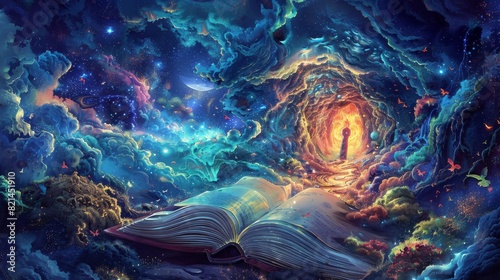 Fantasy book with a keyhole and a magical forest doorway for a fantasy book cover design