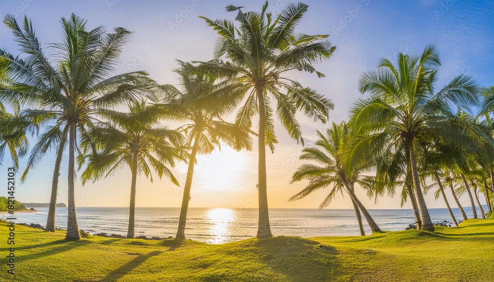 Sunny exotic beach by the ocean with palm trees at sunset summer vacation