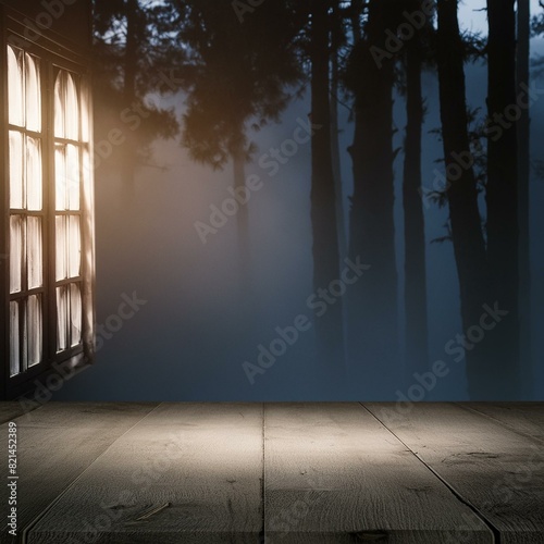The dark stage with smoky dark blue background. an empty dark room with window shadows for display products.