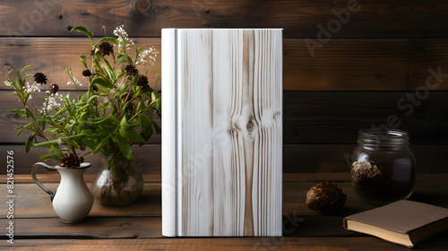 A close-up shot of the front view of a blank white book mockup, placed o a wooden background. The focus is on the book's cover, providing an opportunit to customize it with unique designs or branding.