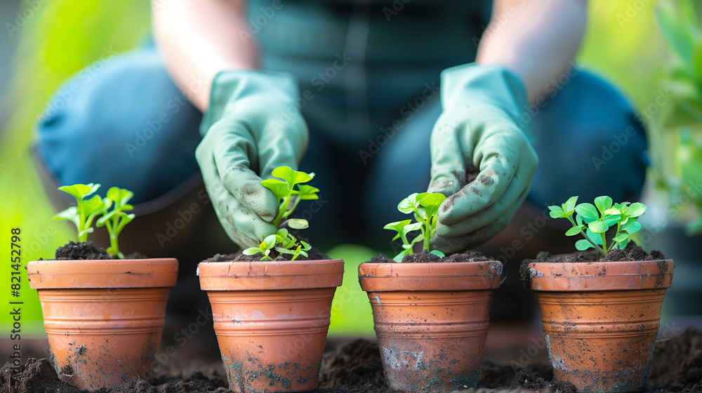 Close-up of a gardener’s hands, wearing green gloves, planting seedlings into small terracotta pots, caring for young plants. Planting seedlings in terracotta pots.
