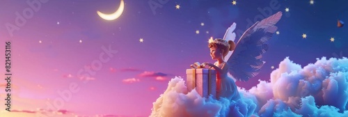 Fairy with gifts on the night background, star in the sky, white clouds. Fantastic banner. Ai generative. photo