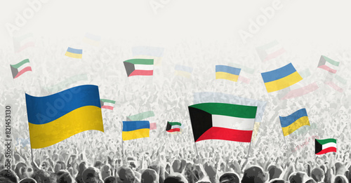 People waving flag of Kuwait and Ukraine, symbolizing Kuwait solidarity for Ukraine.