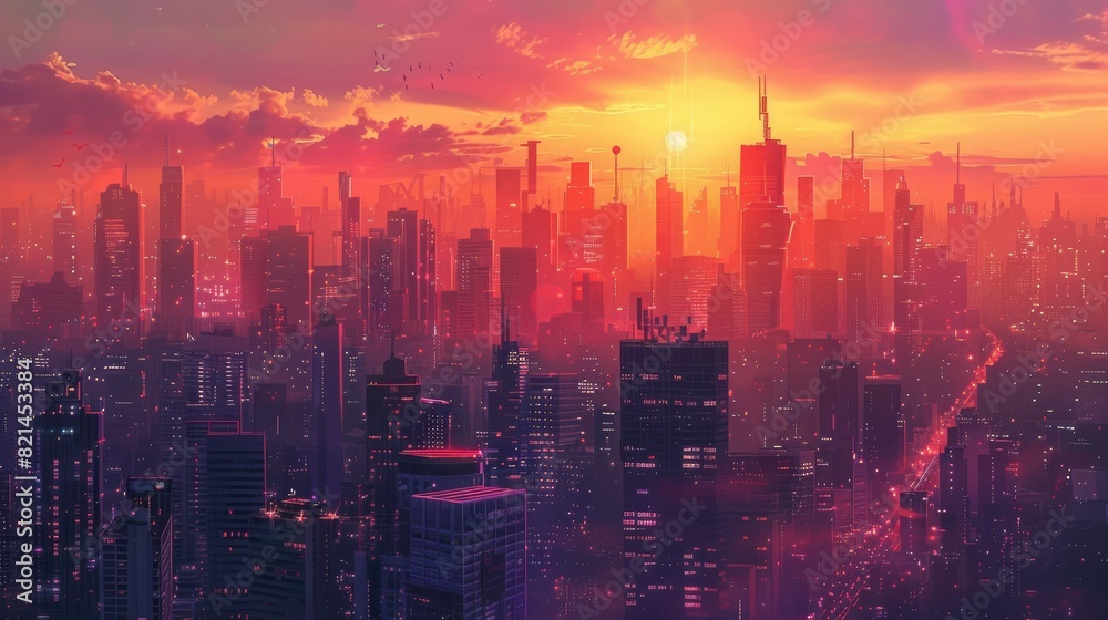 Fototapeta premium Futuristic city skyline at sunset for cyberpunk or urban themed designs