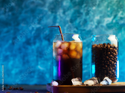 Cold brew coffee glass , blue background