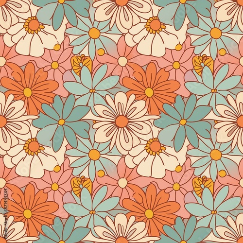 trendy floral seamless pattern vintage 70s style hippie flower background design colorful pastel color groovy artwork y2k nature backdrop with daisy flowers