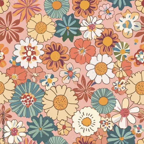 trendy floral seamless pattern vintage 70s style hippie flower background design colorful pastel color groovy artwork y2k nature backdrop with daisy flowers
