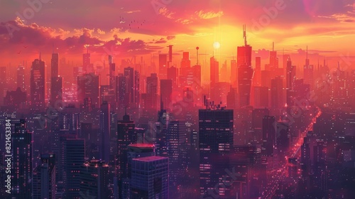 Futuristic city skyline at sunset for cyberpunk or urban themed designs © Vilayat