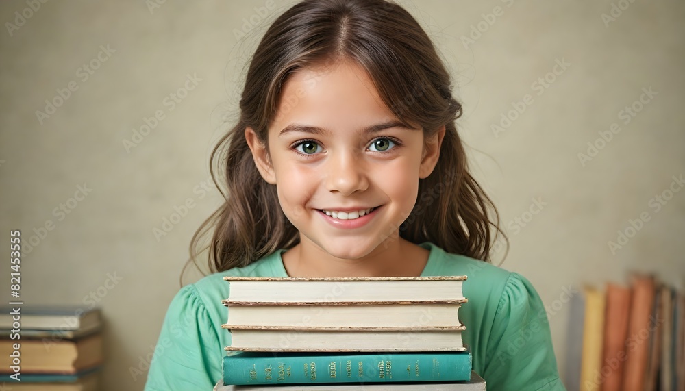 Little girl smiling, holding pile of books on light pastel colors background Little girl smiling, holding pile of books on light pastel colors background