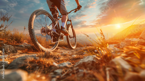 A mountain biker riding on a rocky trail during a stunning sunset, showcasing outdoor adventure and breathtaking scenery. © khonkangrua