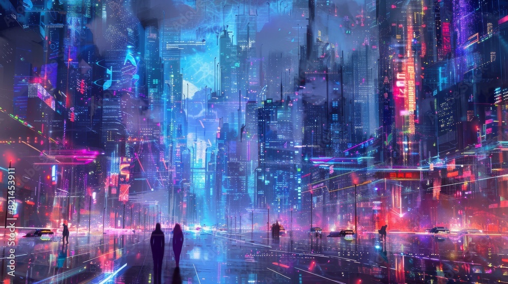 Futuristic cyberpunk city with neon lights and digital network