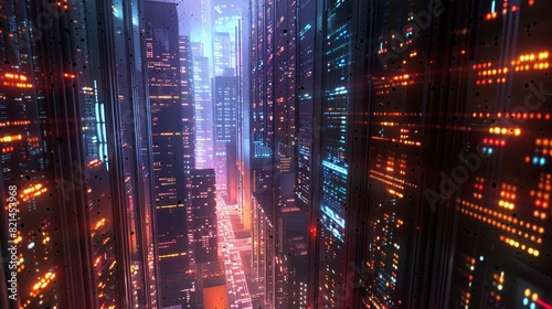 Futuristic cyberpunk city with neon lights and glowing skyscrapers for technology or sci-fi themed designs photo