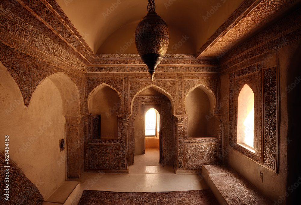 Interior of an old traditional Arabic house under strong sunlight with