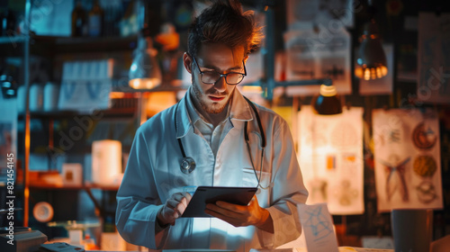 A young scientist in a lab coat and glasses uses a digital tablet, surrounded by laboratory equipment and notes.