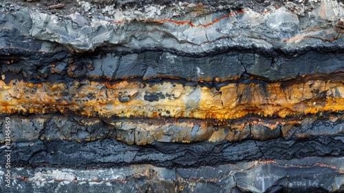 The shale gas layer is exposed with layers of varying shades of gray and black visible. photo