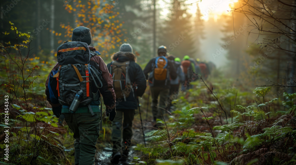 A group of hikers with backpacks trek through a sunlit forest, surrounded by lush greenery and early morning light. A group of hikers with backpacks trek through a sunlit forest, surrounded by lush greenery and early morning light.