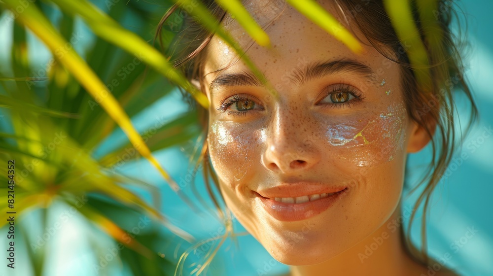 woman smiling while applying snail mucin cream on her face, emphasizing skincare self-care routine woman smiling while applying snail mucin cream on her face, emphasizing skincare self-care routine